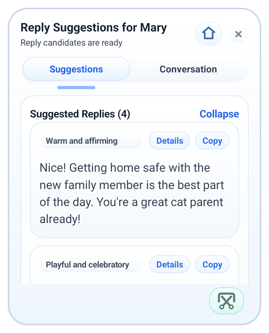 SayPilot generated reply candidates for a chat conversation