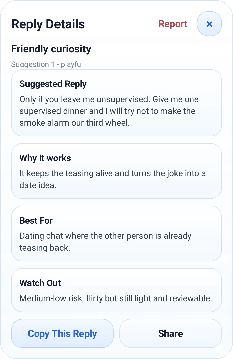 SayPilot 解释俏皮约会回复的详情面板
