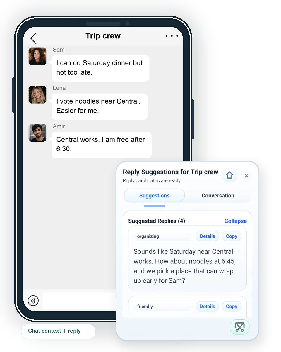 SayPilot sample reply over a group planning chat